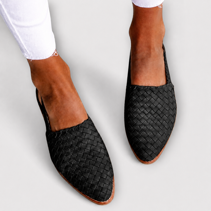 Women's braided mule loafers with rear heel strap in neutral tones