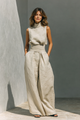 Linen Blend Two Piece Set, Mock Neck Top and Wide Leg Trousers