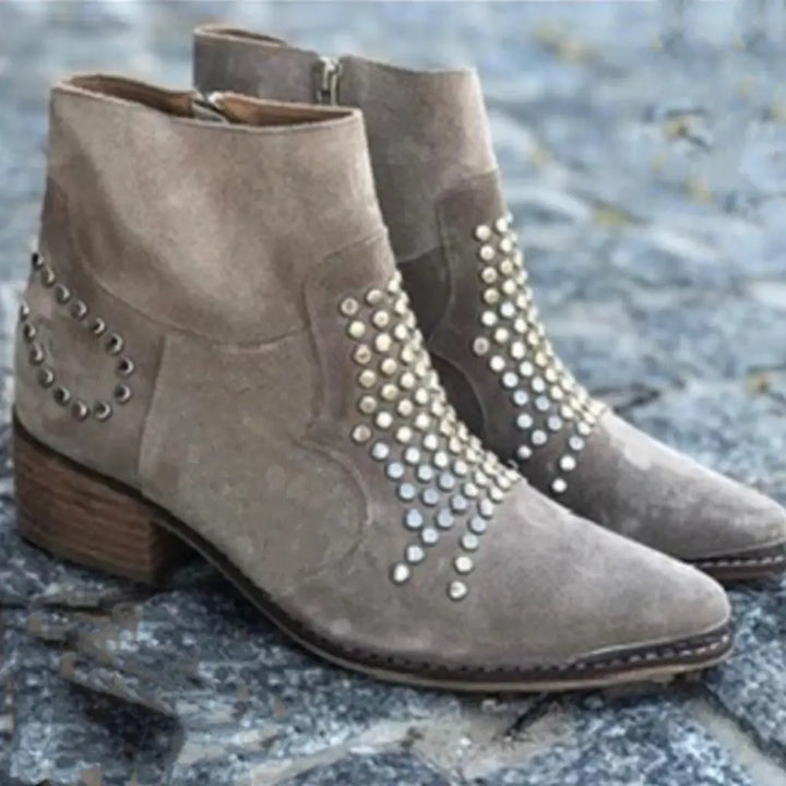 Women's taupe ankle boots with silver studs and low block heel
