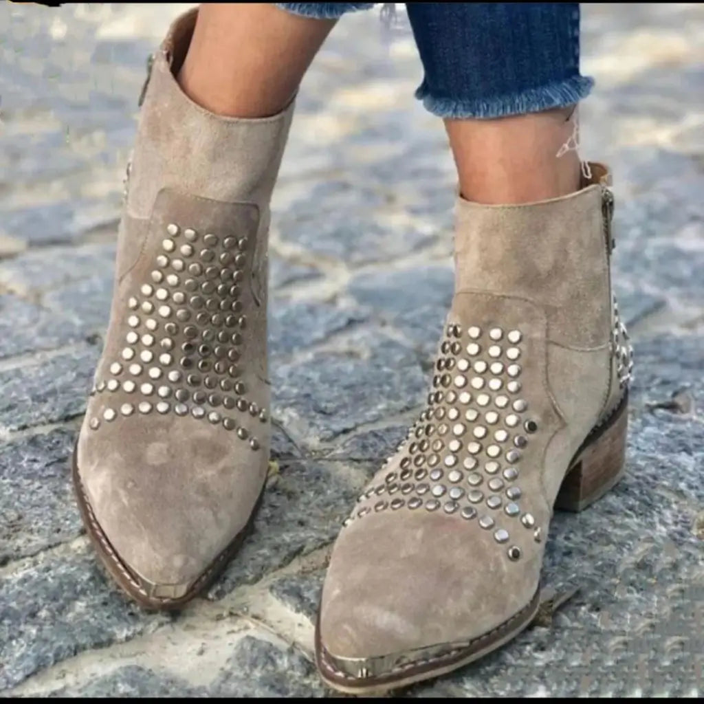 Women's taupe ankle boots with silver studs and low block heel