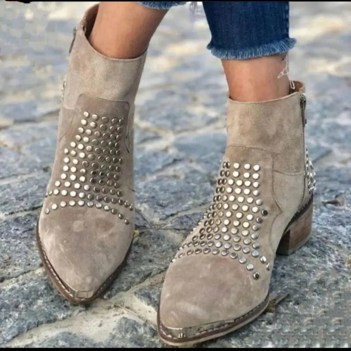 Women's taupe ankle boots with silver studs and low block heel