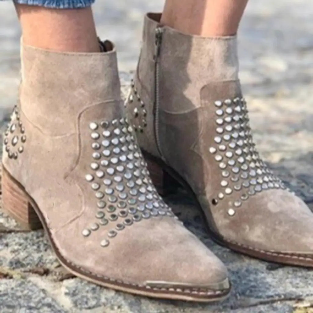Women's taupe ankle boots with silver studs and low block heel