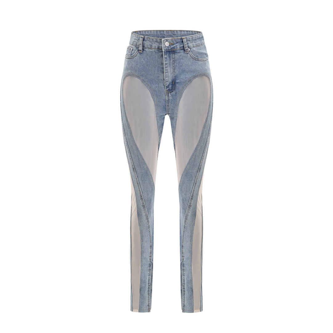 Women's blue jeans with sheer mesh panels at hips and thighs, high rise, fitted silhouette