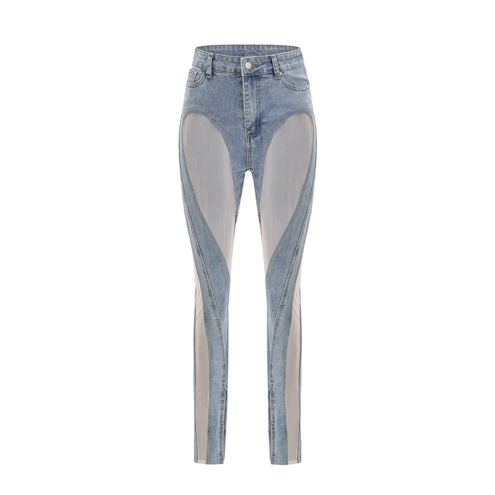 Women's blue jeans with sheer mesh panels at hips and thighs, high rise, fitted silhouette