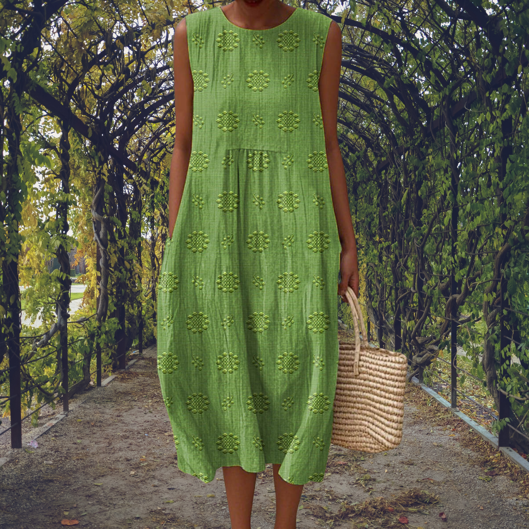 Sleeveless midi dress with raised embroidered dot motifs, round neckline and side pockets