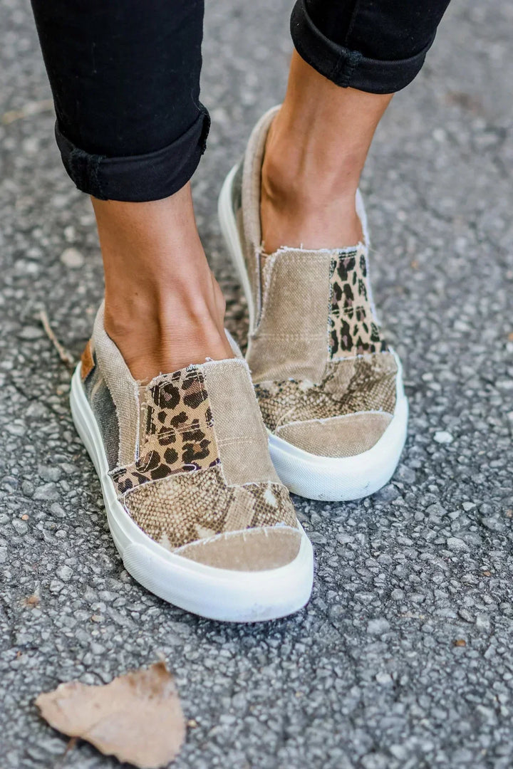 Women's mixed pattern slip-on sneaker with leopard and textured patchwork in neutral tones