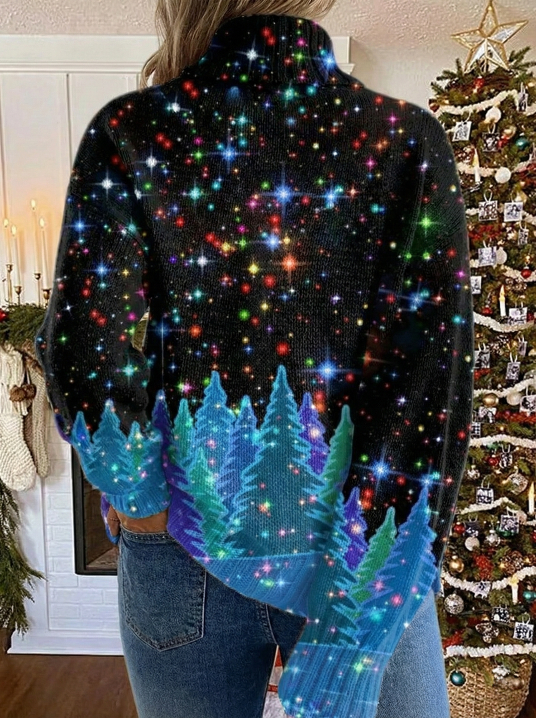 Women's festive turtleneck sweater with colourful stars and Christmas trees