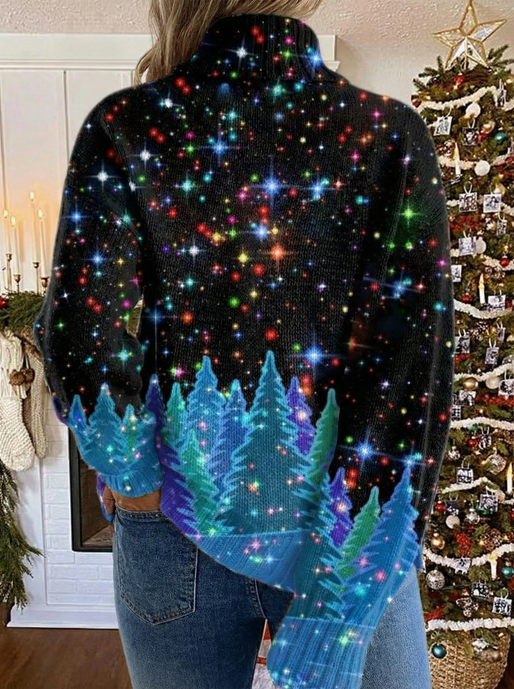 Women's festive turtleneck sweater with colourful stars and Christmas trees