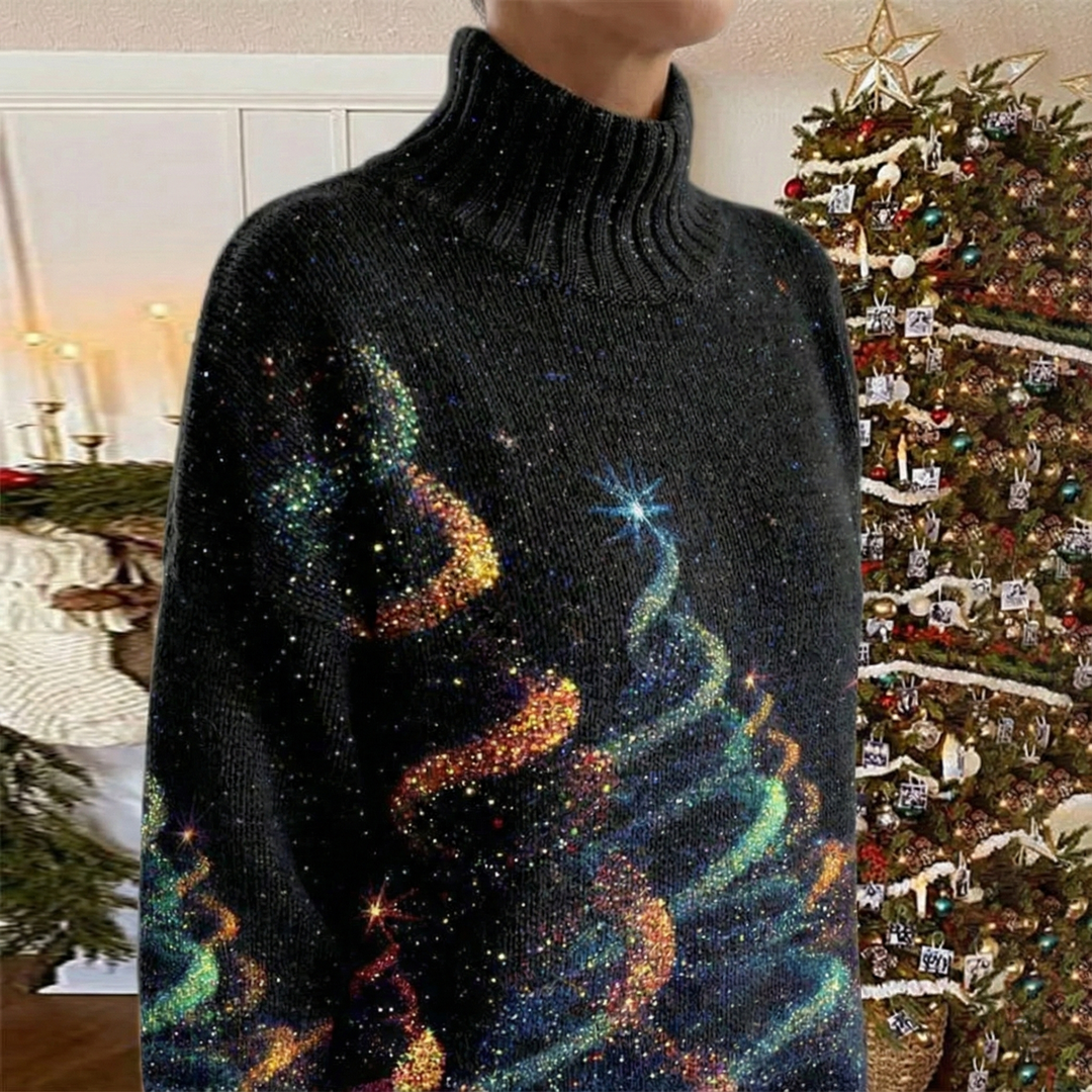 Women's festive turtleneck sweater with colourful stars and Christmas trees