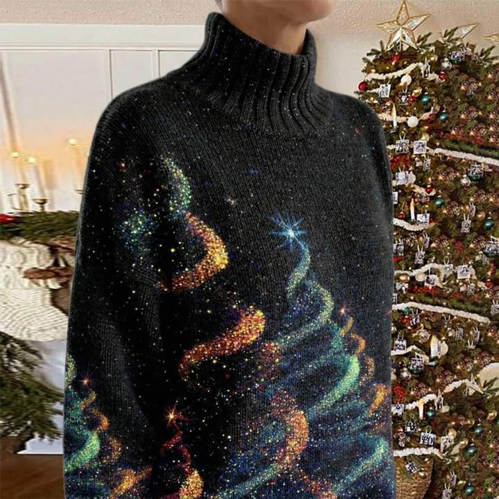 Women's festive turtleneck sweater with colourful stars and Christmas trees
