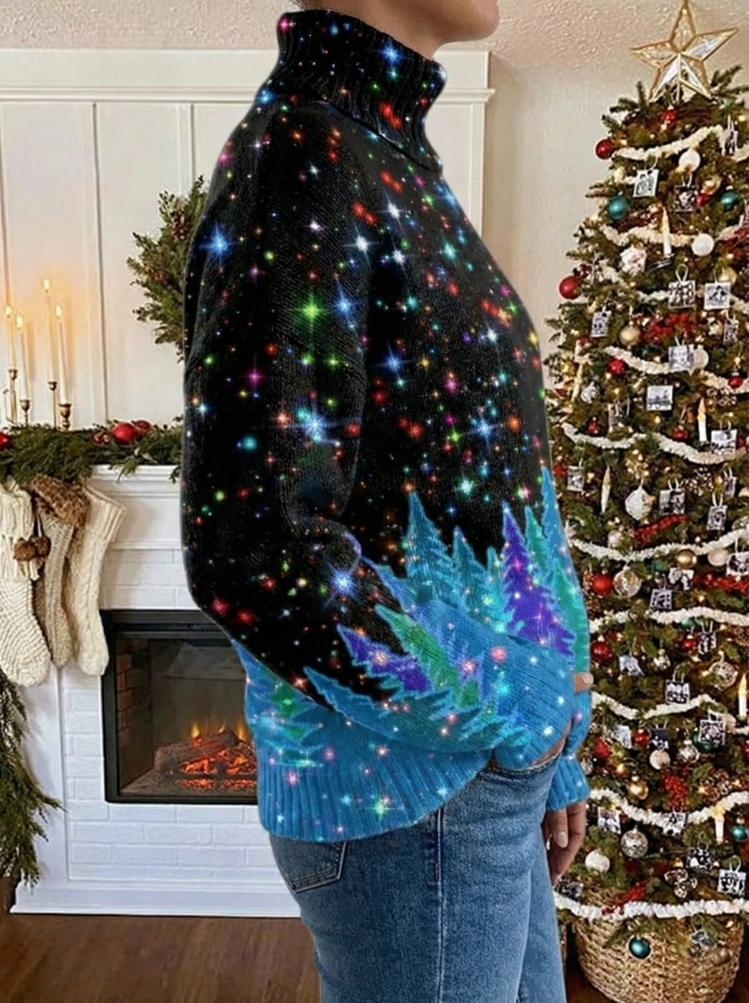 Women's festive turtleneck sweater with colourful stars and Christmas trees