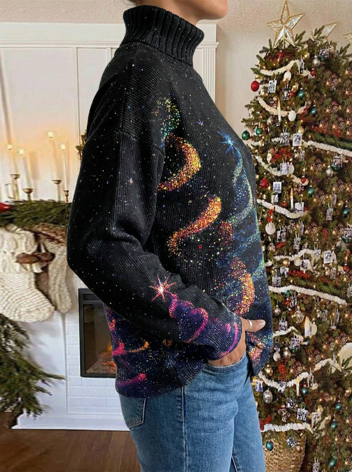 Women's festive turtleneck sweater with colourful stars and Christmas trees
