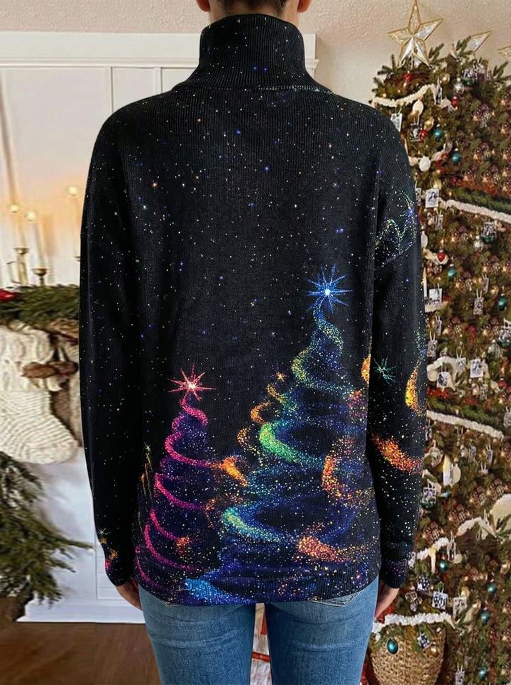 Women's festive turtleneck sweater with colourful stars and Christmas trees
