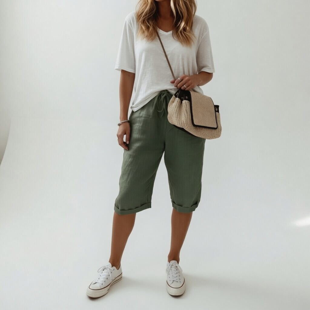 Women's beige bermuda shorts with cuffed hems and drawstring waist, paired with white t-shirt and white sneakers
