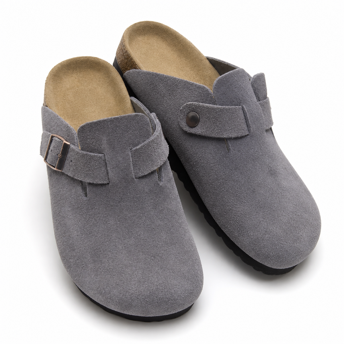 Unisex taupe clogs with buckle strap and contoured footbed