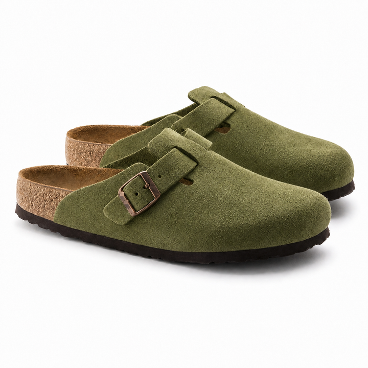 Unisex Positano clog mule with buckle strap, cork insole and black padded sole, shown in taupe and black.