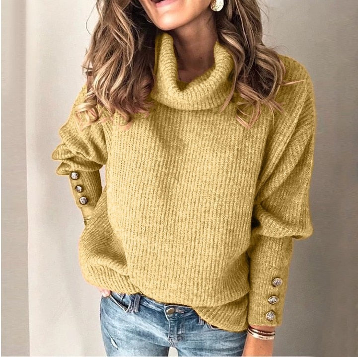 Women's ribbed turtleneck sweater with button cuffs