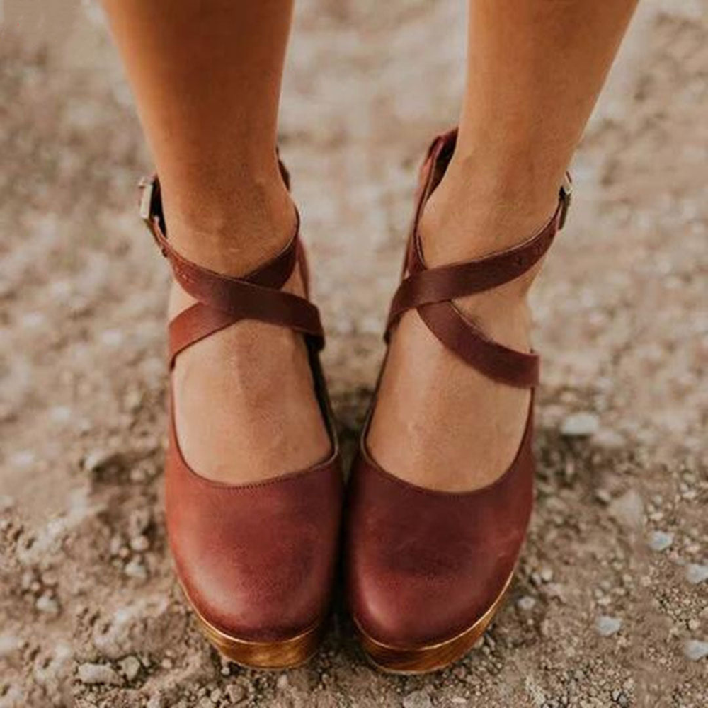 Leather Wedge Clogs for Women, Crossover Ankle Straps