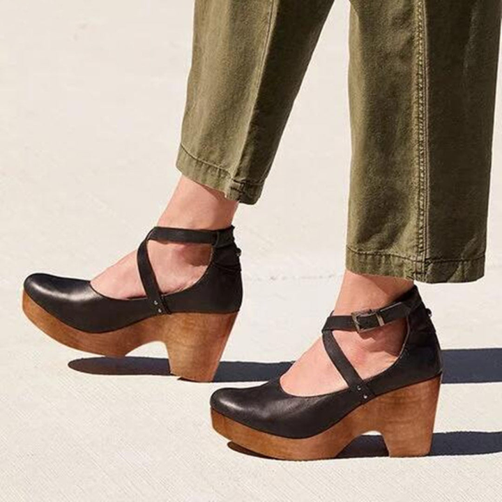 Leather Wedge Clogs for Women, Crossover Ankle Straps