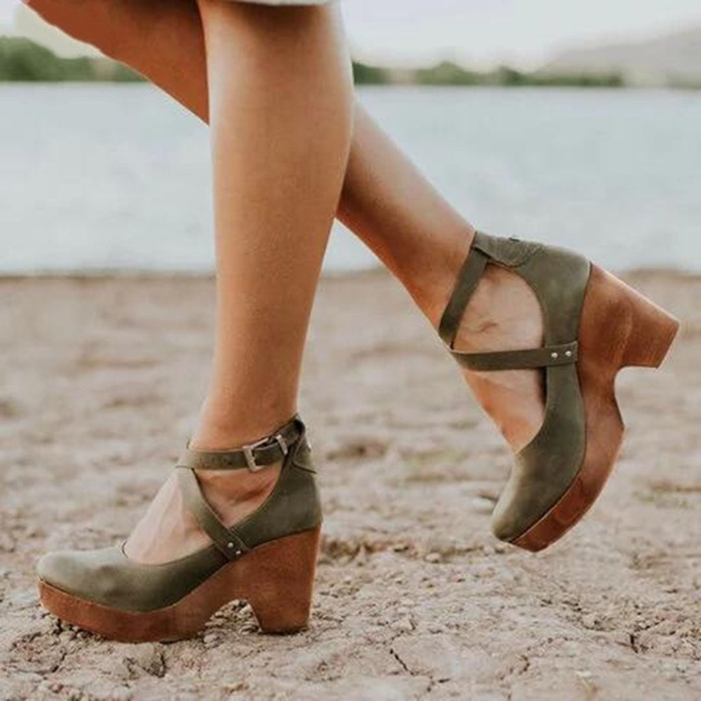 Leather Wedge Clogs for Women, Crossover Ankle Straps