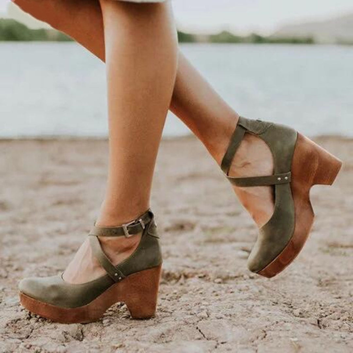 Leather Wedge Clogs for Women, Crossover Ankle Straps