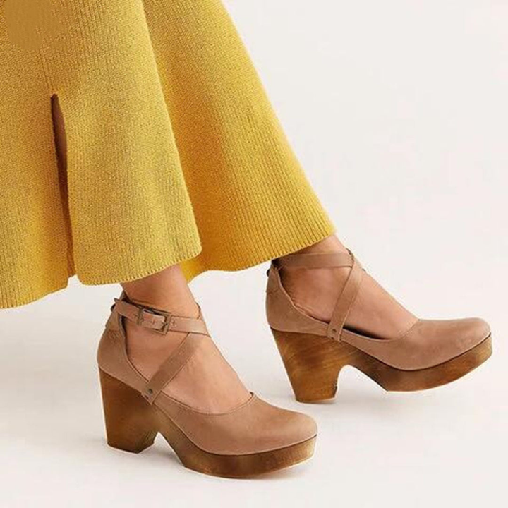 Leather Wedge Clogs for Women, Crossover Ankle Straps