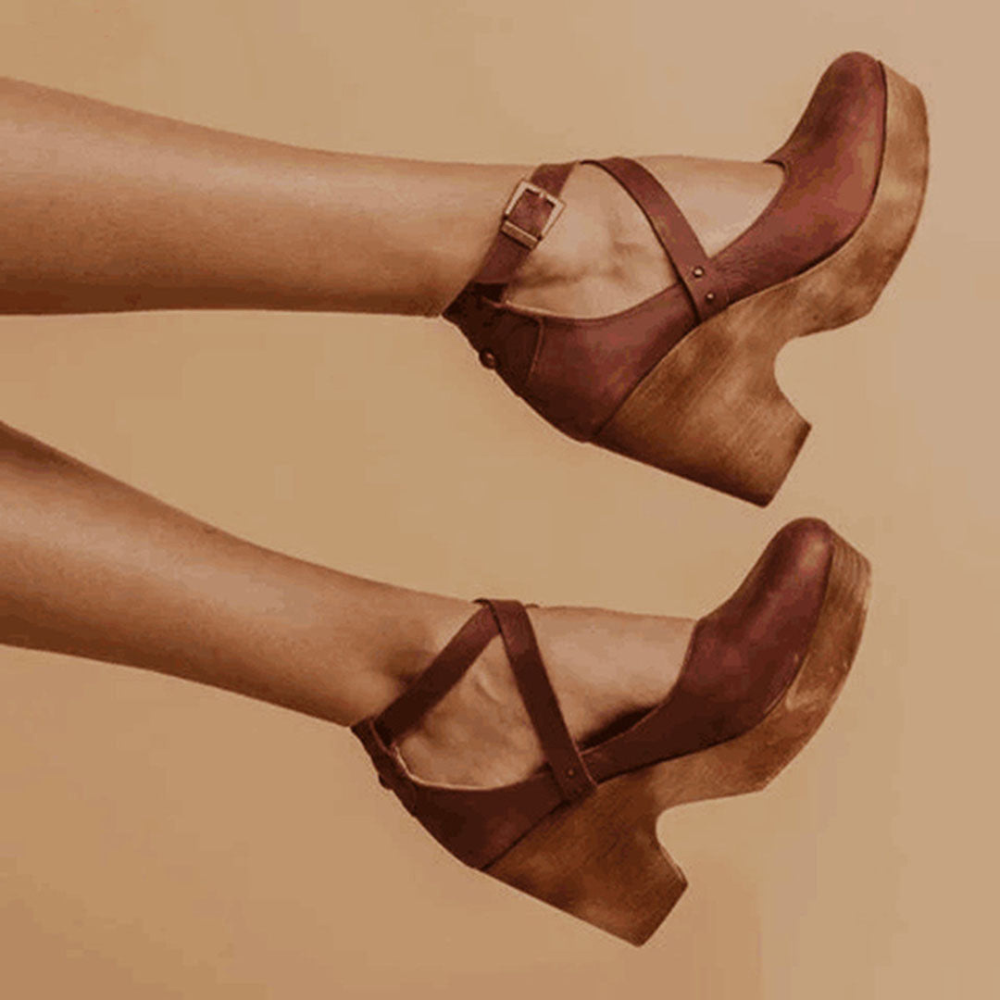 Leather Wedge Clogs for Women, Crossover Ankle Straps
