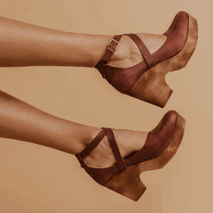 Leather Wedge Clogs for Women, Crossover Ankle Straps