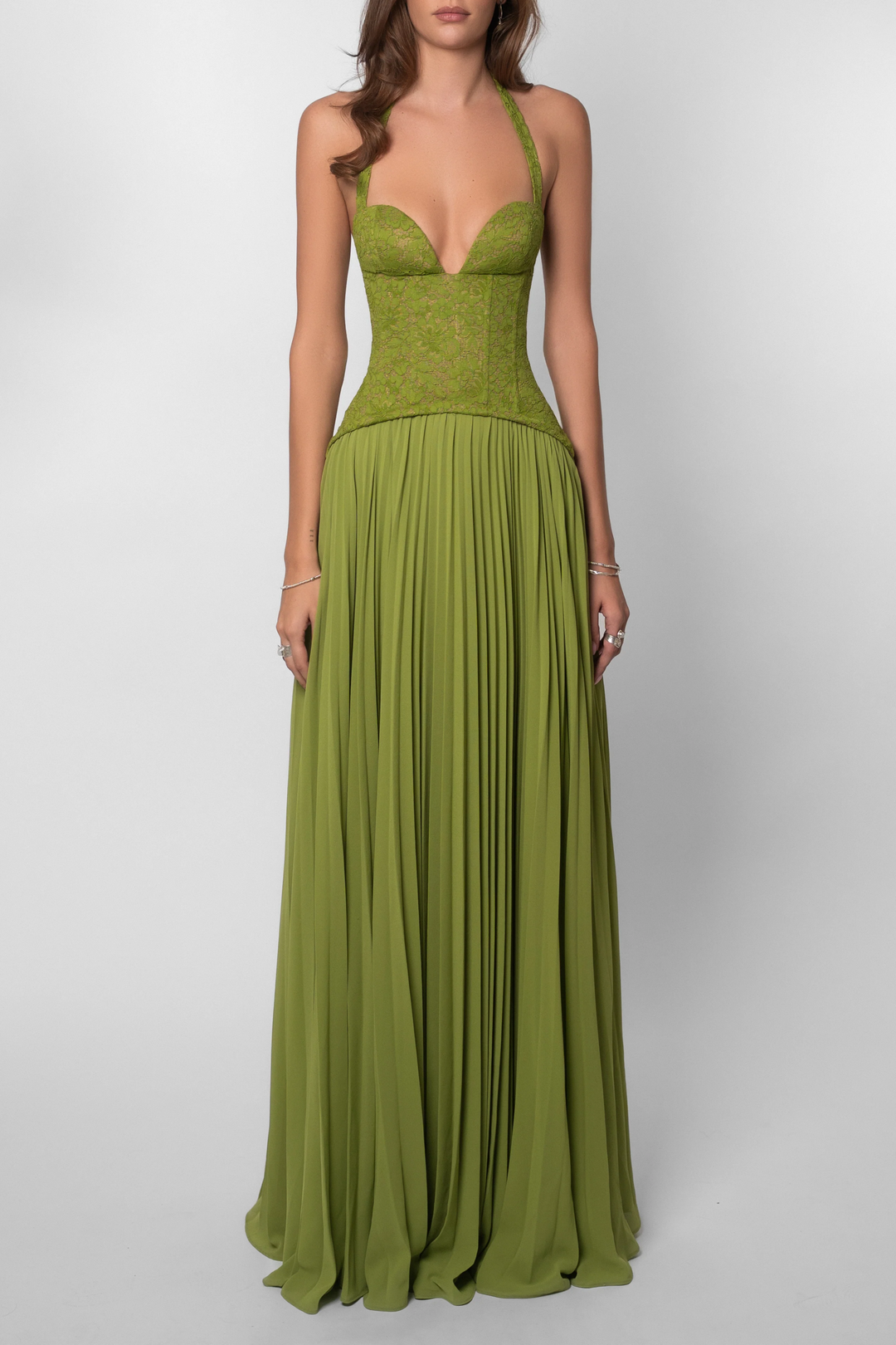 Women's Lace Corset Pleated Maxi Dress, Sweetheart Neckline