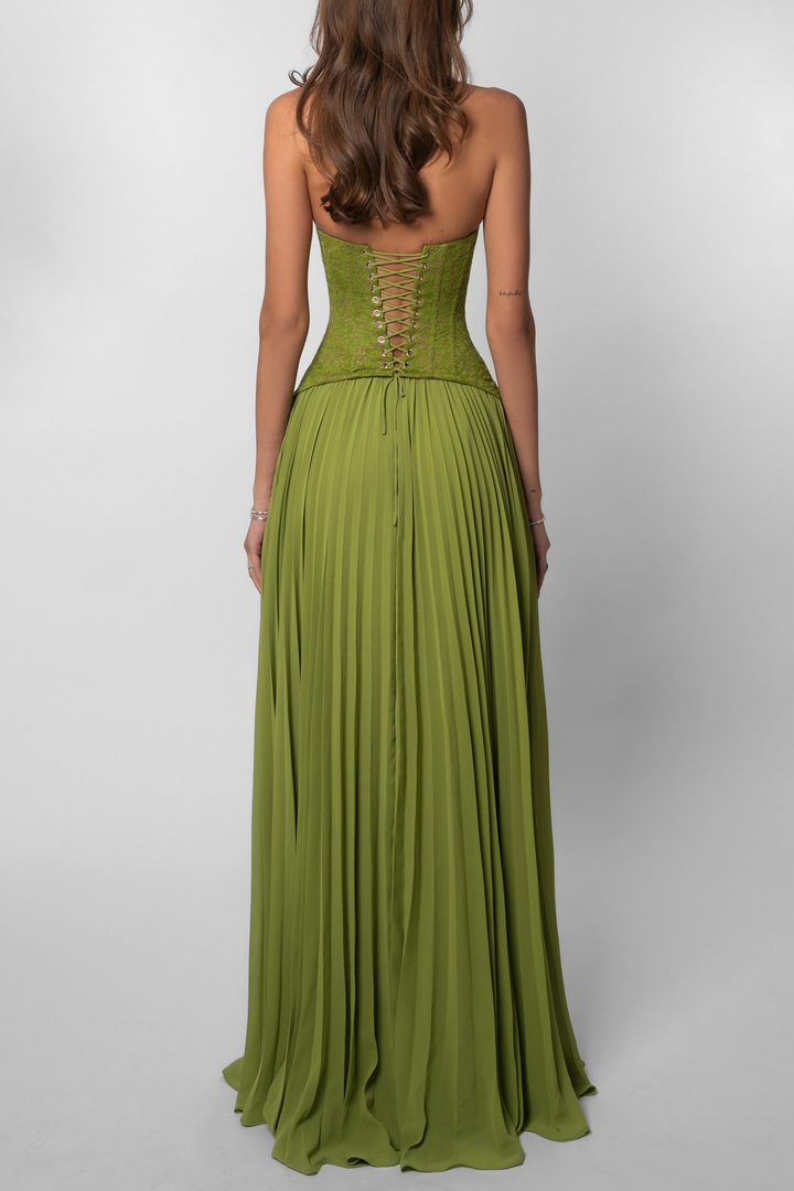 Women's Lace Corset Pleated Maxi Dress, Sweetheart Neckline