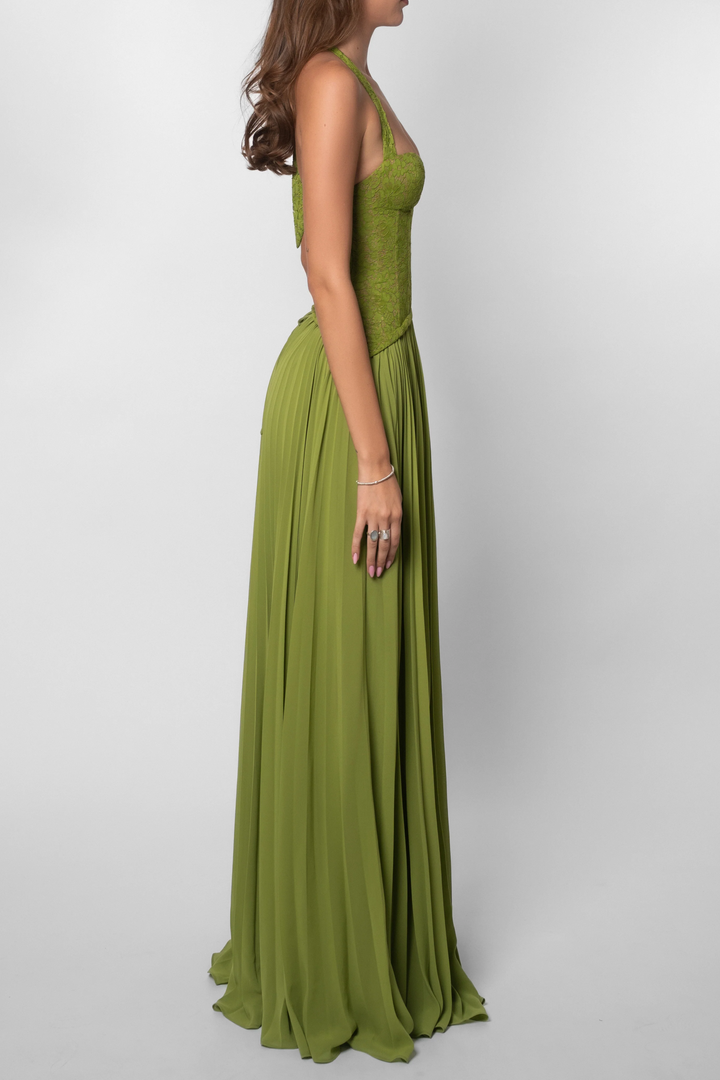 Women's Lace Corset Pleated Maxi Dress, Sweetheart Neckline