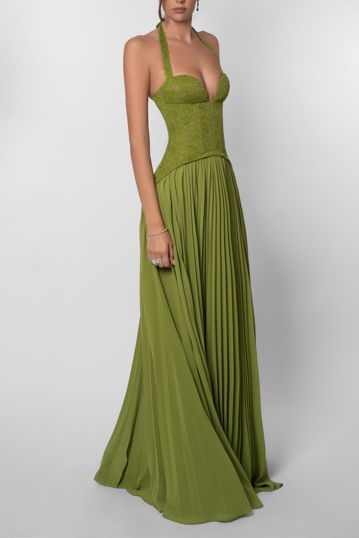Women's Lace Corset Pleated Maxi Dress, Sweetheart Neckline