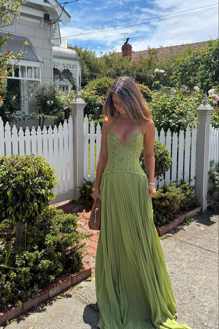 Women's Lace Corset Pleated Maxi Dress, Sweetheart Neckline