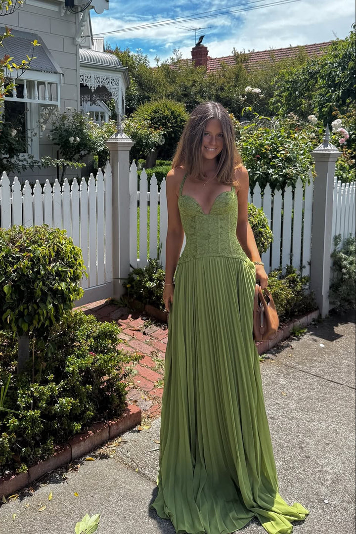 Women's Lace Corset Pleated Maxi Dress, Sweetheart Neckline