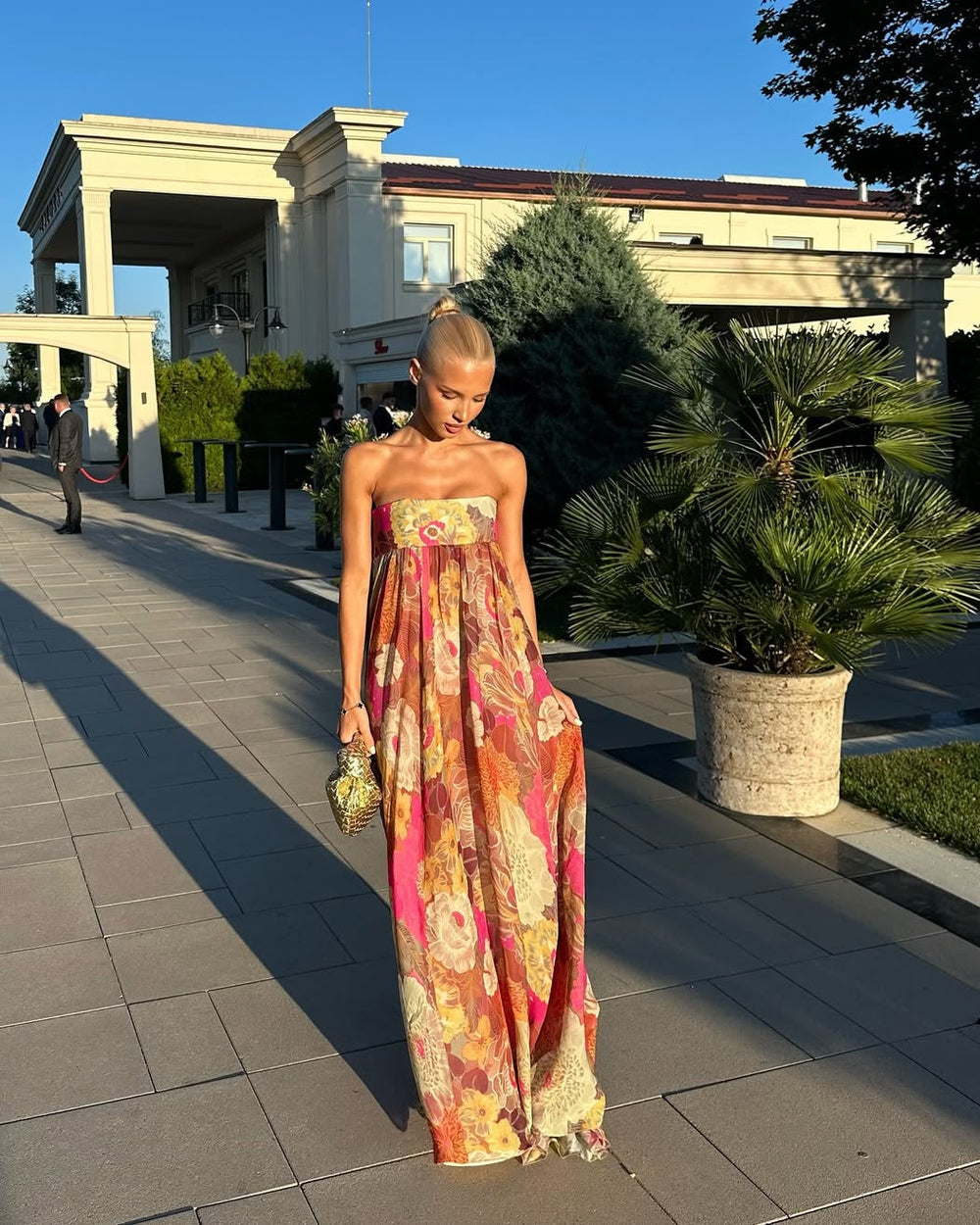 Women's Strapless Floral Maxi Dress With Empire Waist