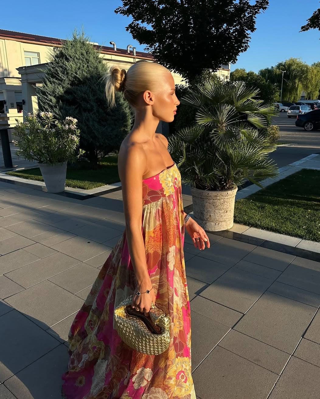 Women's Strapless Floral Maxi Dress With Empire Waist