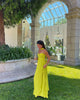 Pleated floor-length gown with ruched sweetheart bodice, choker halter strap and lace-up corset back