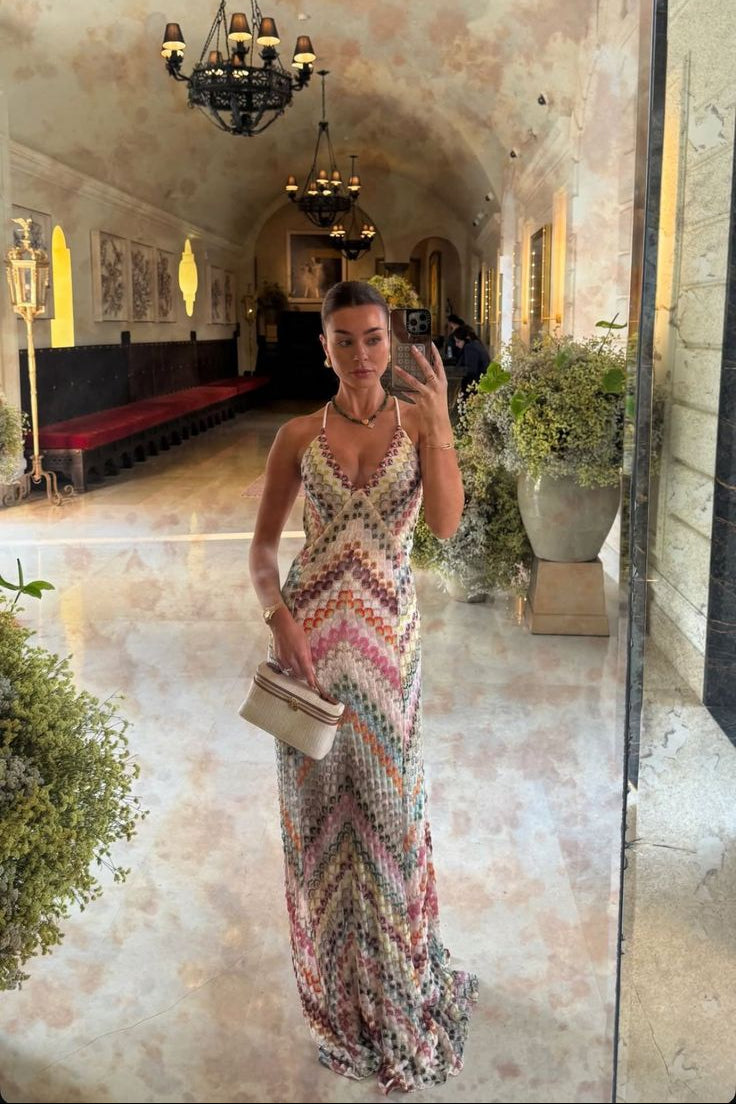 Women's Chevron Crochet Knit Maxi Dress, Open Cross Back
