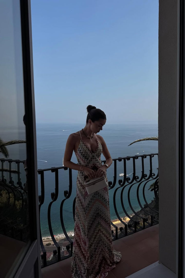 Women's Chevron Crochet Knit Maxi Dress, Open Cross Back