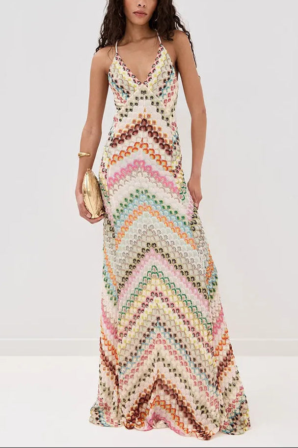 Women's Chevron Crochet Knit Maxi Dress, Open Cross Back