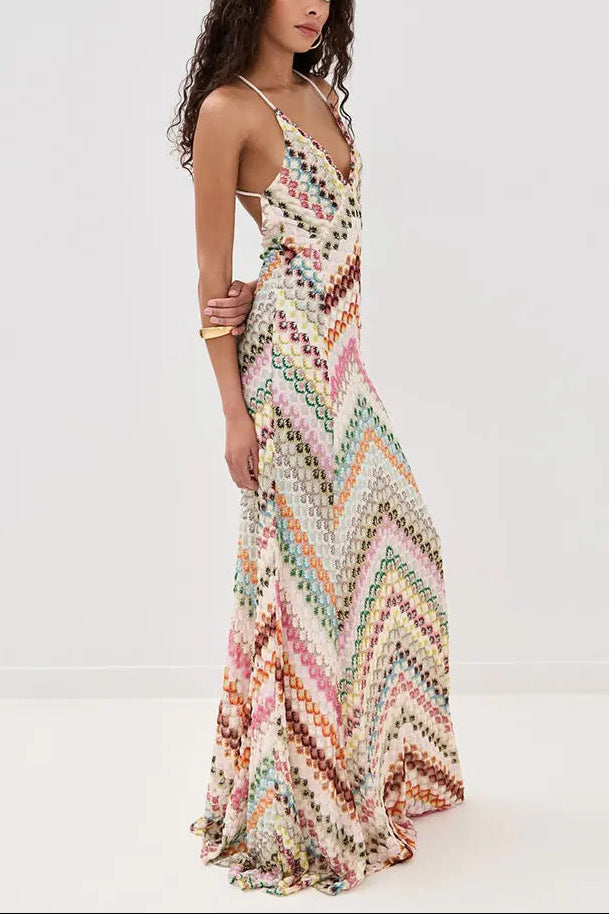 Women's Chevron Crochet Knit Maxi Dress, Open Cross Back