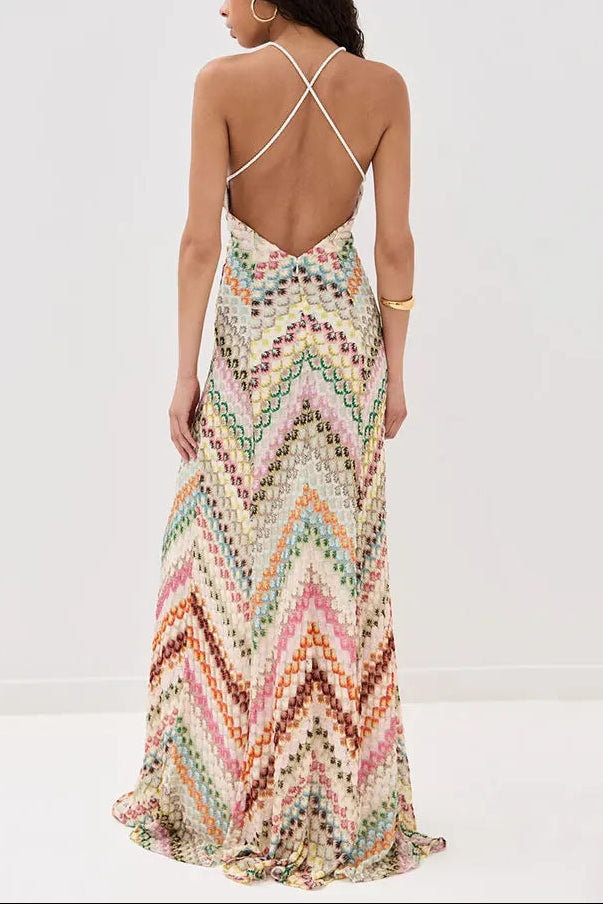 Women's Chevron Crochet Knit Maxi Dress, Open Cross Back