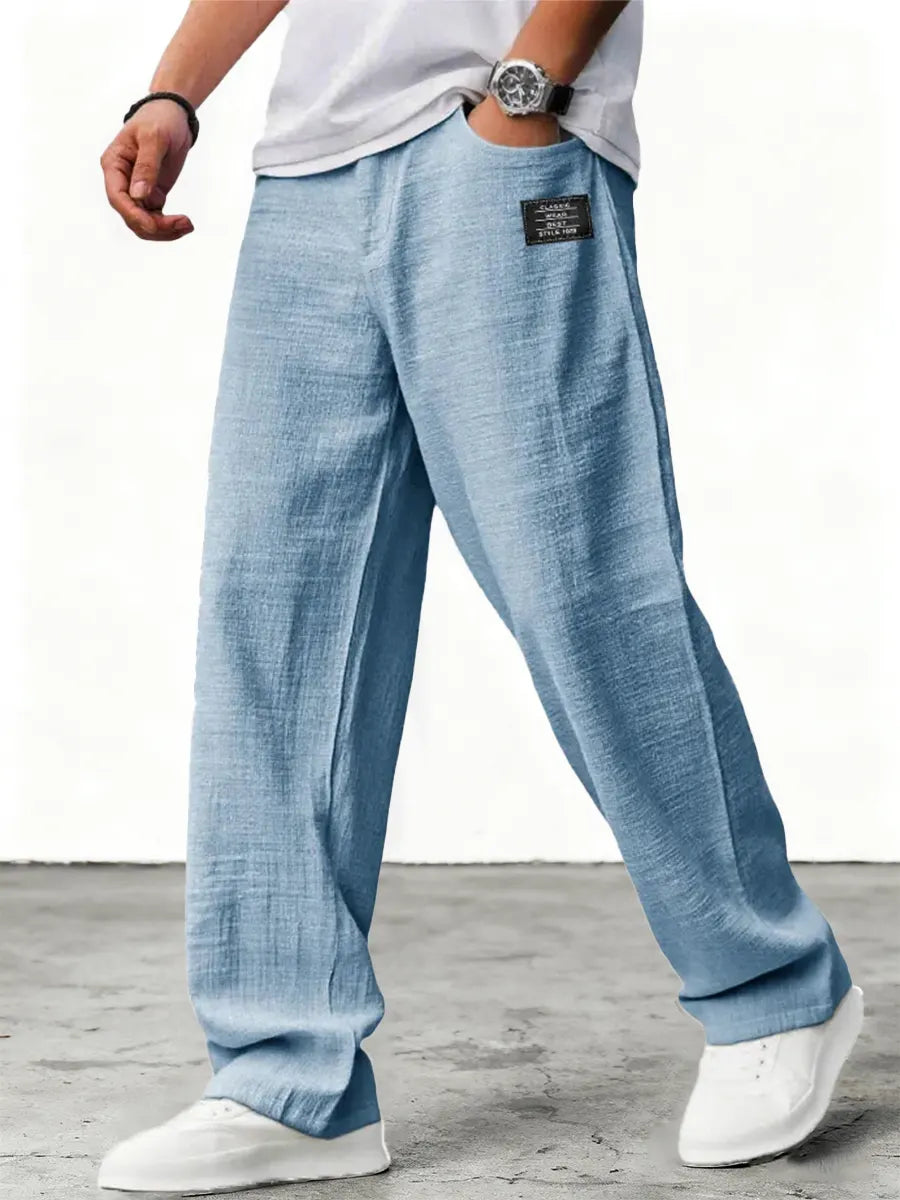 Men's wide-leg lightweight trousers in blue, relaxed fit with low-rise waistband