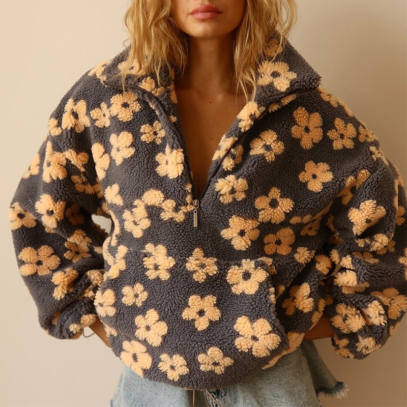 Women's floral half-zip pullover sweater with raised collar