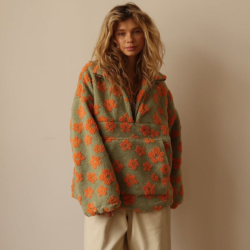 Women's floral half-zip pullover sweater with raised collar