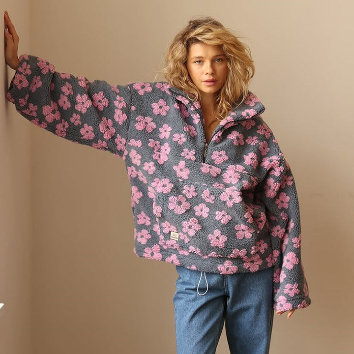 Women's floral half-zip pullover sweater with raised collar