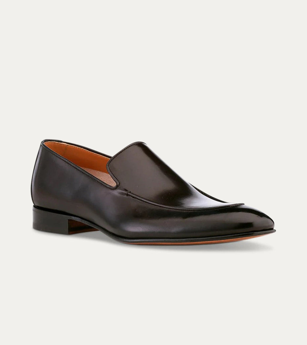 Men's black apron front loafer with pointed toe and low heel