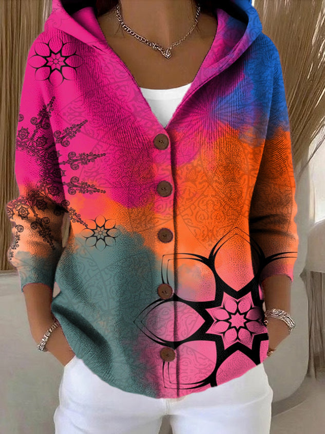 Women's patchwork hooded cardigan in multi-colour with button front, worn over white top