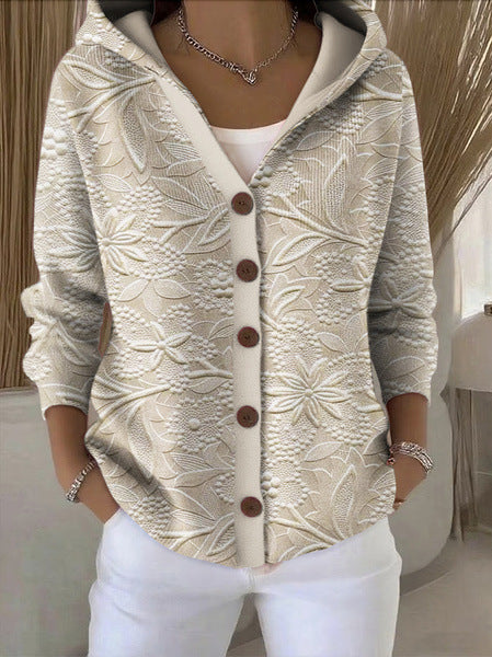 Women's patchwork hooded cardigan in multi-colour with button front, worn over white top