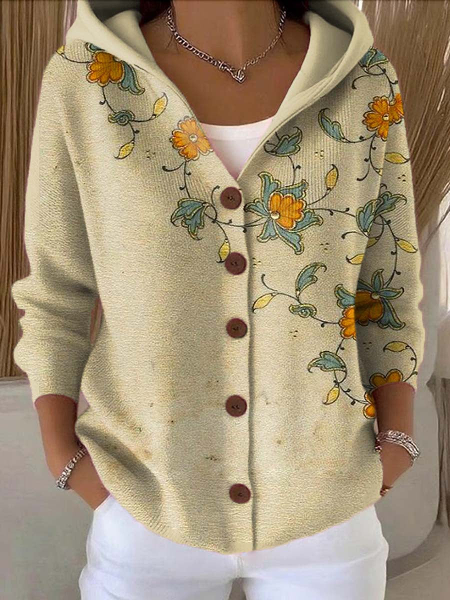 Women's patchwork hooded cardigan in multi-colour with button front, worn over white top